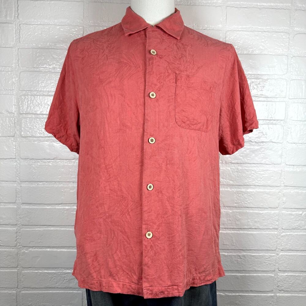 Tommy Bahama Maui Border Shirt Mens M Coral Jacquard 100% Silk Summer Vacation